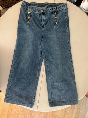 High-Rise Wide-Leg Jeans with Front Button Detail — Dark Blue